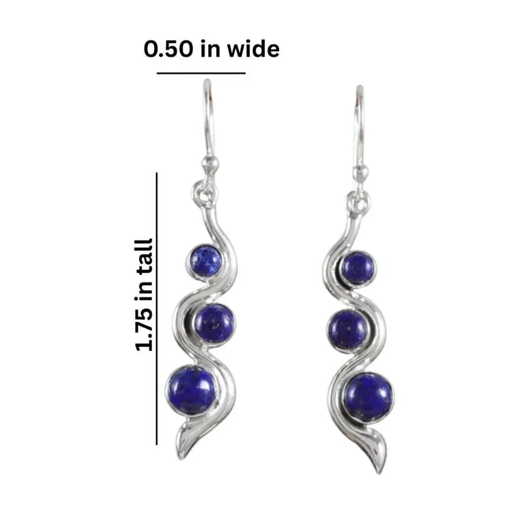 Lapis Lazuli Earrings 3 Stones Graduated in Size Set in a Modern Wavy Setting